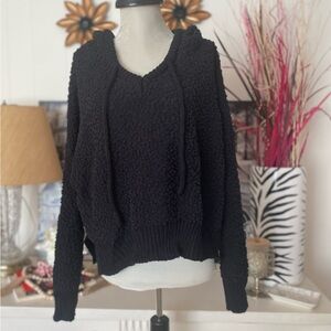 POL Cozy Black Popcorn/Teddy Knit Hoodie V Neck Sweater Women's Lg Chic Goth
